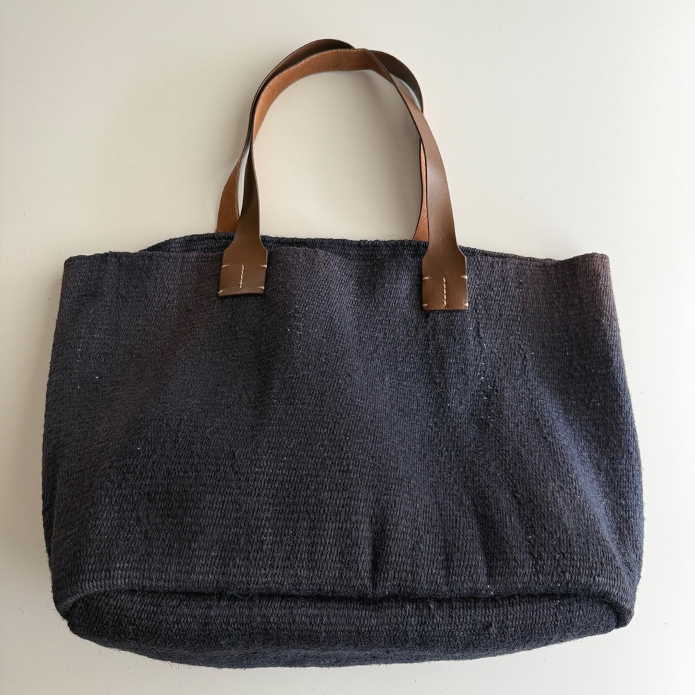 J Jill Navy Woven Natural Jute Leather Handle Tote‎ Bag